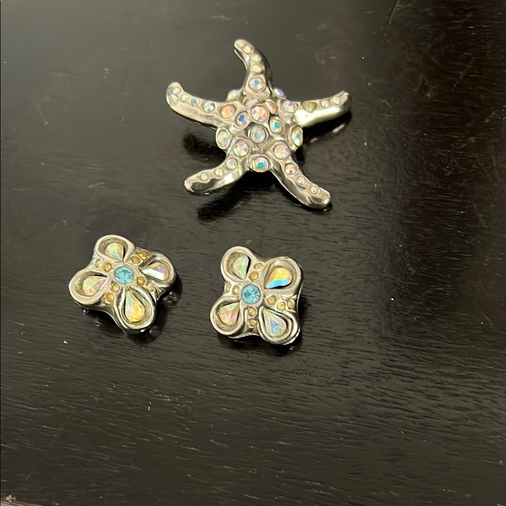 Vintage Iridescent Rhinestone Starfish Clip and Earrings